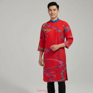 Áo dài nam in rắn vải gấm nền đỏ